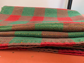 Holly - rectangular Christmas tablecloth - red, red-green, and green squares with gold thread stitching