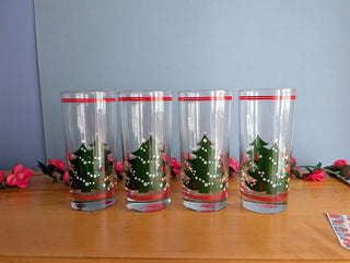 set of 6 Tall Tumblers with green christmas tree and red ribbon stripes, heavy bottomed