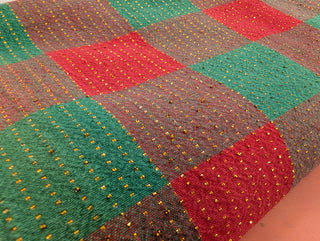Holly - rectangular Christmas tablecloth - red, red-green, and green squares with gold thread stitching