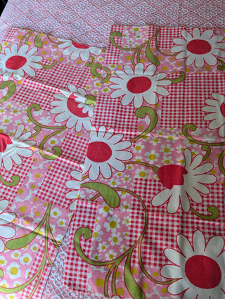 Shirley -  set of 2 pillowcases - big white flowers with red, pink flowers, red checkered pattern, and greenstems