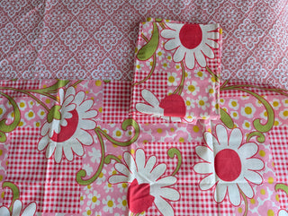 Shirley -  set of 2 pillowcases - big white flowers with red, pink flowers, red checkered pattern, and greenstems