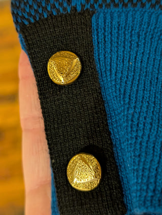 Blue & black patterned vintage sweater dress with belt, gold buttons