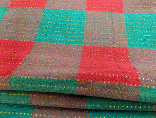 Holly - rectangular Christmas tablecloth - red, red-green, and green squares with gold thread stitching