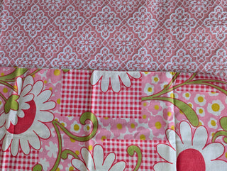 Shirley -  set of 2 pillowcases - big white flowers with red, pink flowers, red checkered pattern, and greenstems