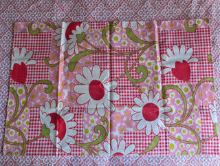 Shirley -  set of 2 pillowcases - big white flowers with red, pink flowers, red checkered pattern, and greenstems