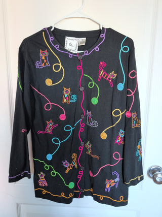 artistic cats & colorful yarn balls vintage cardigan with multicolor embroidery on black