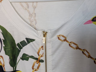 Modern * white zip up cardigan with imagery of jewels, gold chains, and yellow birds