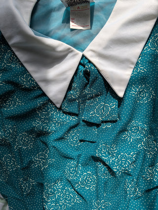 Turquoise patterned dress roses abstract dots white collar and bow - like Lady Diana