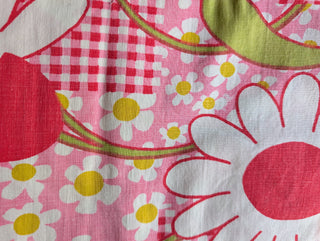 Shirley -  set of 2 pillowcases - big white flowers with red, pink flowers, red checkered pattern, and greenstems