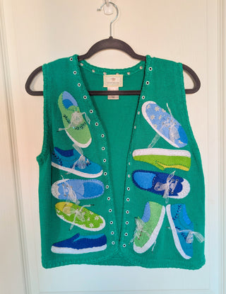 tennis shoes in green & blue, beaded and felt applique, sweater vest cardigan, hand stitched ribbon, grommets, 1999