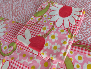 Shirley -  set of 2 pillowcases - big white flowers with red, pink flowers, red checkered pattern, and greenstems