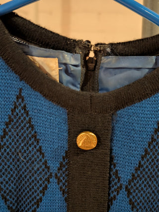 Blue & black patterned vintage sweater dress with belt, gold buttons