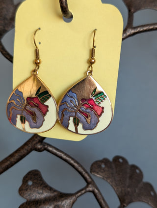 boucles d'oreilles en émail floral cloisonné sur cuivre