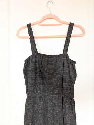 Dress - apron style - woven textured black fabric with silver thread accents, elastic waist