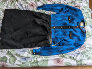 Blue & black patterned vintage sweater dress with belt, gold buttons