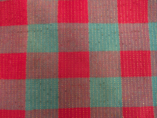 Holly - rectangular Christmas tablecloth - red, red-green, and green squares with gold thread stitching