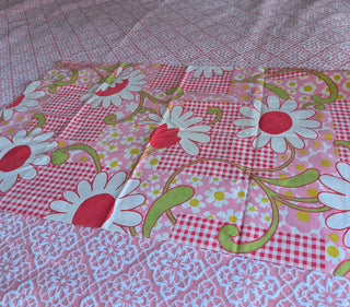 Shirley -  set of 2 pillowcases - big white flowers with red, pink flowers, red checkered pattern, and greenstems