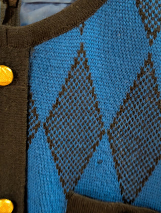 Blue & black patterned vintage sweater dress with belt, gold buttons
