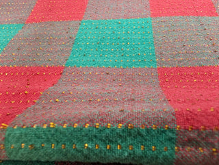 Holly - rectangular Christmas tablecloth - red, red-green, and green squares with gold thread stitching