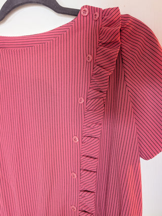 Dress- shirt dress - rich pink with black stripes ruffles, button up front