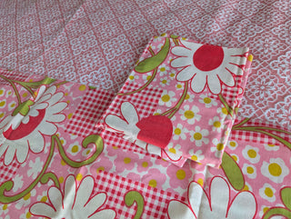 Shirley -  set of 2 pillowcases - big white flowers with red, pink flowers, red checkered pattern, and greenstems