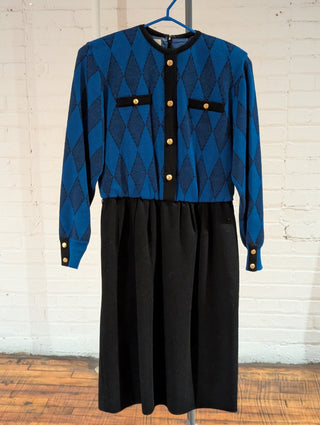 Blue & black patterned vintage sweater dress with belt, gold buttons