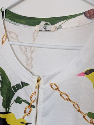 Modern * white zip up cardigan with imagery of jewels, gold chains, and yellow birds