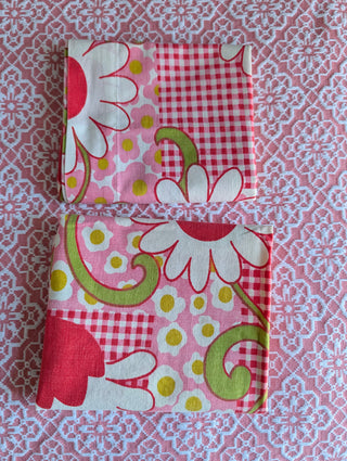 Shirley -  set of 2 pillowcases - big white flowers with red, pink flowers, red checkered pattern, and greenstems