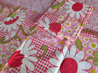 Shirley -  set of 2 pillowcases - big white flowers with red, pink flowers, red checkered pattern, and greenstems