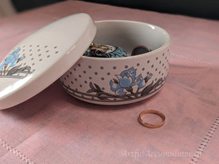 round white lidded tinket box candy dish with gray dots and blue flowers -  - #tag1# - #tag2# - #tag3# - #tag4# - the Artful Accumulator's Vintage Boutique