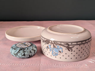 round white lidded tinket box candy dish with gray dots and blue flowers -  - #tag1# - #tag2# - #tag3# - #tag4# - the Artful Accumulator's Vintage Boutique