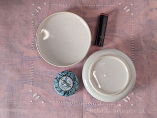 round white lidded tinket box candy dish with gray dots and blue flowers -  - #tag1# - #tag2# - #tag3# - #tag4# - the Artful Accumulator's Vintage Boutique