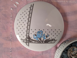 round white lidded tinket box candy dish with gray dots and blue flowers -  - #tag1# - #tag2# - #tag3# - #tag4# - the Artful Accumulator's Vintage Boutique
