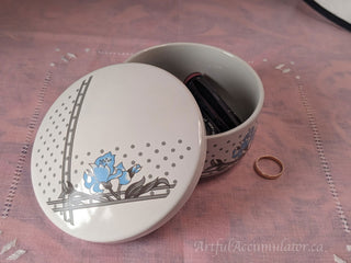round white lidded tinket box candy dish with gray dots and blue flowers -  - #tag1# - #tag2# - #tag3# - #tag4# - the Artful Accumulator's Vintage Boutique