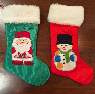 set of 2: Embroided Felt Vintage Christmas Stockings in Red and Green with Santa and a Snowman -  - #tag1# - #tag2# - #tag3# - #tag4# - the Artful Accumulator's Vintage Boutique