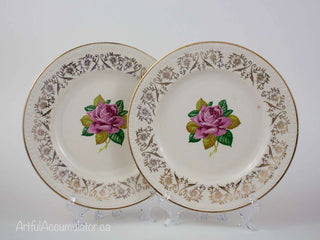 set of 2: Golden Delisia single rose with light and dark green leaves, gold lustre -  - #tag1# - #tag2# - #tag3# - #tag4# - the Artful Accumulator's Vintage Boutique
