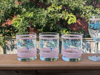 set of 3 rocks glasses with pink lines and blue flowers with green leaves - Artful Accumulator Boutique Vintage