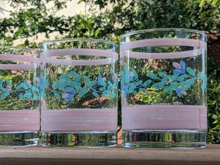set of 3 rocks glasses with pink lines and blue flowers with green leaves - Artful Accumulator Boutique Vintage