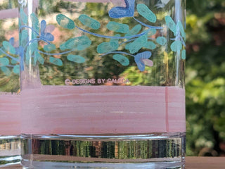 set of 3 rocks glasses with pink lines and blue flowers with green leaves - Artful Accumulator Boutique Vintage