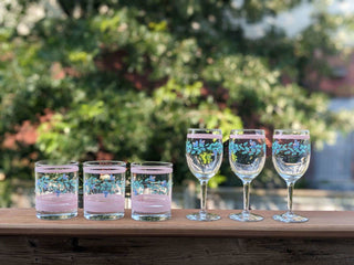 set of 3 rocks glasses with pink lines and blue flowers with green leaves - Artful Accumulator Boutique Vintage