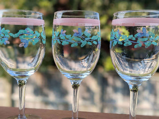 set of 3 wine glasses with pink lines and blue flowers with green leaves - Artful Accumulator Boutique Vintage