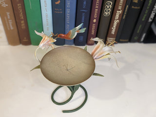 votive or wider candleholder with raised metal base, enameled flowers, and 3d hummingbird -  - #tag1# - #tag2# - #tag3# - #tag4# - the Artful Accumulator's Vintage Boutique