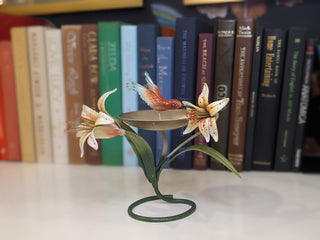 votive or wider candleholder with raised metal base, enameled flowers, and 3d hummingbird -  - #tag1# - #tag2# - #tag3# - #tag4# - the Artful Accumulator's Vintage Boutique