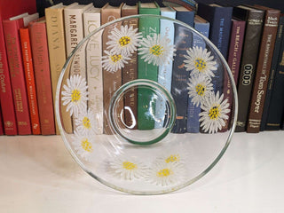 "white daisy with yellow stamens" 70's Anchor Hocking footed bowl with on clear glass -  - #tag1# - #tag2# - #tag3# - #tag4# - the Artful Accumulator's Vintage Boutique